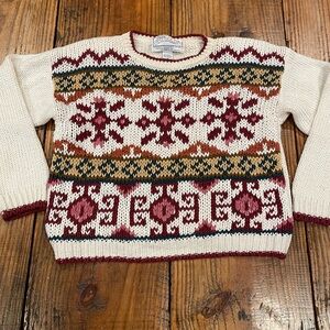 Vintage 90s Nordic Fair Isle Chunky Knit Sweater Cream Burgundy Cottagecore Boho